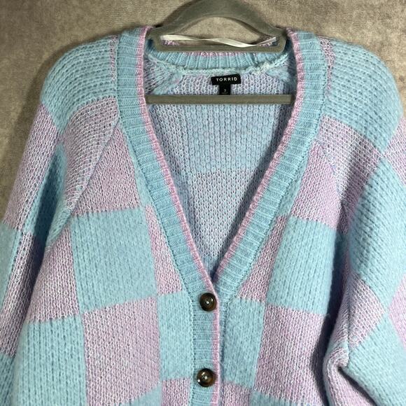 Torrid Cardigan‎ Sweater Womens 3X Blue Pink Camille Check Summer Song Preppy - Picture 3 of 11